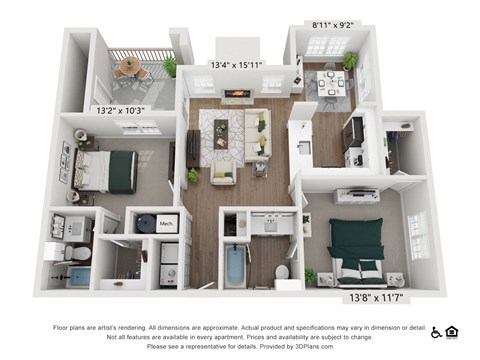 Floor plan for 2 beds, 2 baths, 1070 sqft